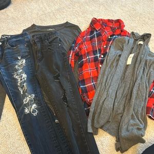 Size 2 Jean lot and 3 small long sleeve tops aero, American Eagle, old navy